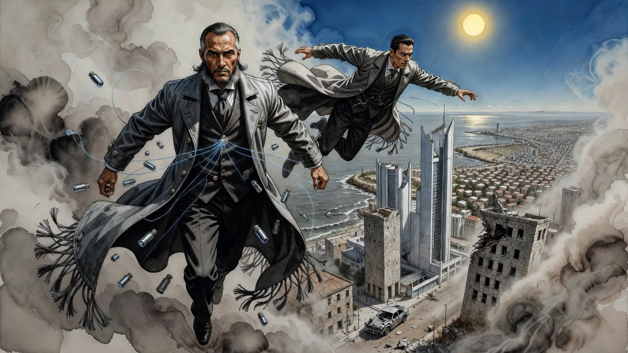 Two men in long tasseled dusters fly between skyscrapers as glass vials scatter in the air and a building collapses below.