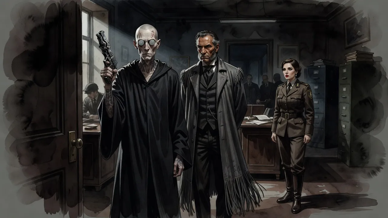 A gaunt man with spike-heads in his eye sockets, in voluminous black robes, stands in a constabulary office holding a crumpled pistol, a man in a long coat beside him.