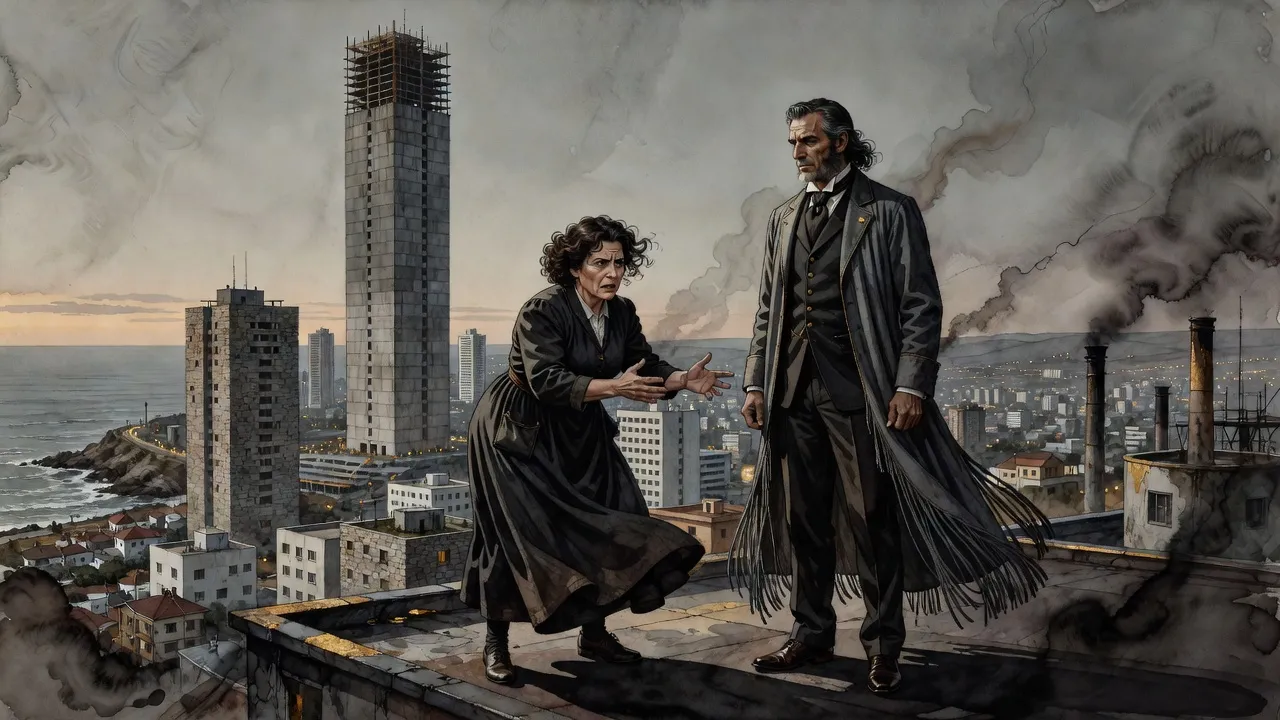 On a windy rooftop at dusk, a woman pleads with open hands while a man in a long tasseled coat stands a pace away, unmoved.