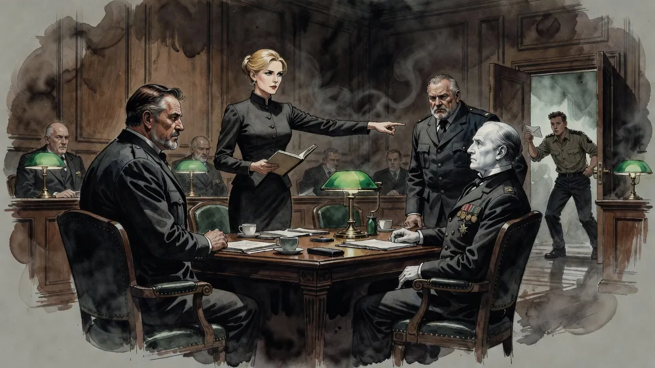 A blonde woman stands at the end of a council table pointing at a burly constable while a powdered official turns to stare and a radio operator rushes in.