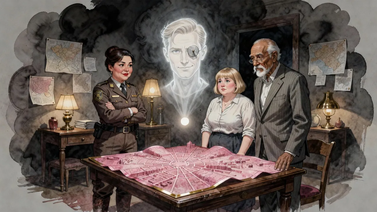 Around a table holding a rose-coloured stone map, a wary woman, a blonde woman and an old bearded man look up at a glowing projected likeness of a hawk-faced man.