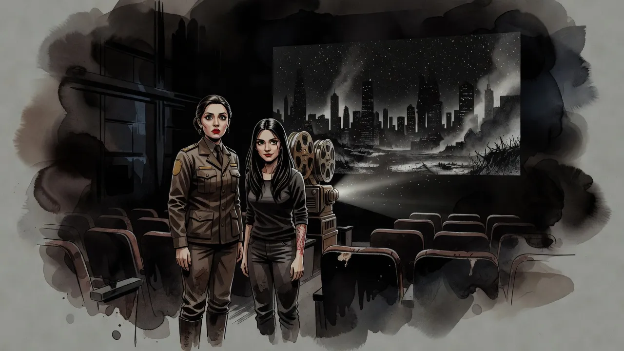 Two women stand in the aisle of a dark screening room, staring up at flickering pictures of a skyscraper city buried in falling ash.