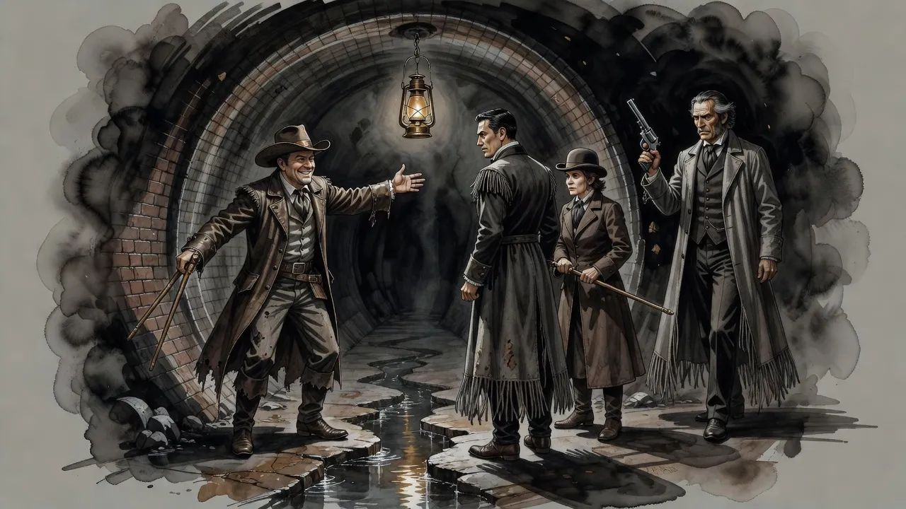 In a brick tunnel a battered man in a duster talks with a theatrical sweep of his arm while two enemies stand spellbound and a third man raises a revolver behind them.