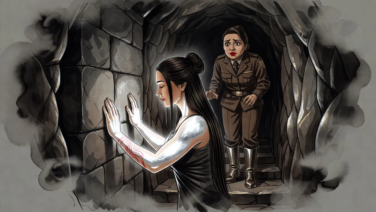 In a rough stone passage, a woman whose skin glows silver presses her hands to a rock wall while another woman stares at her in shock.