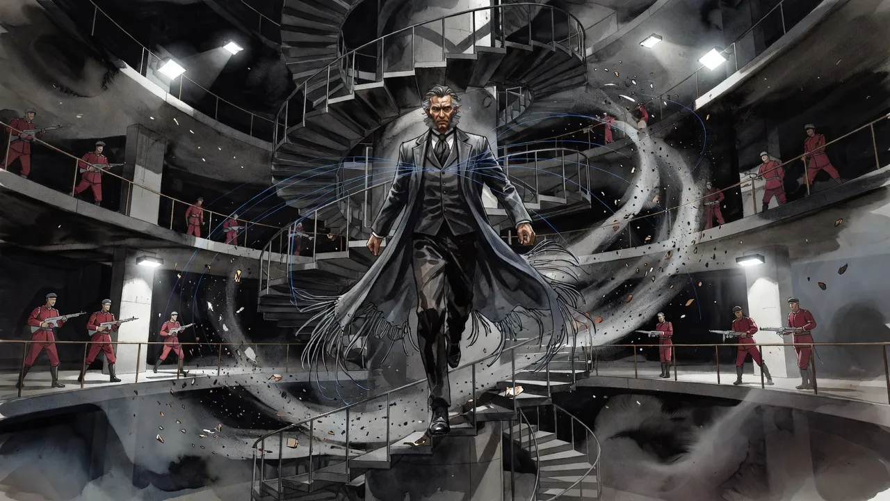 A man in a long tasseled coat surges up the centre of a steel spiral staircase in an unfinished tower, metal shrapnel whirling around him under floodlights.