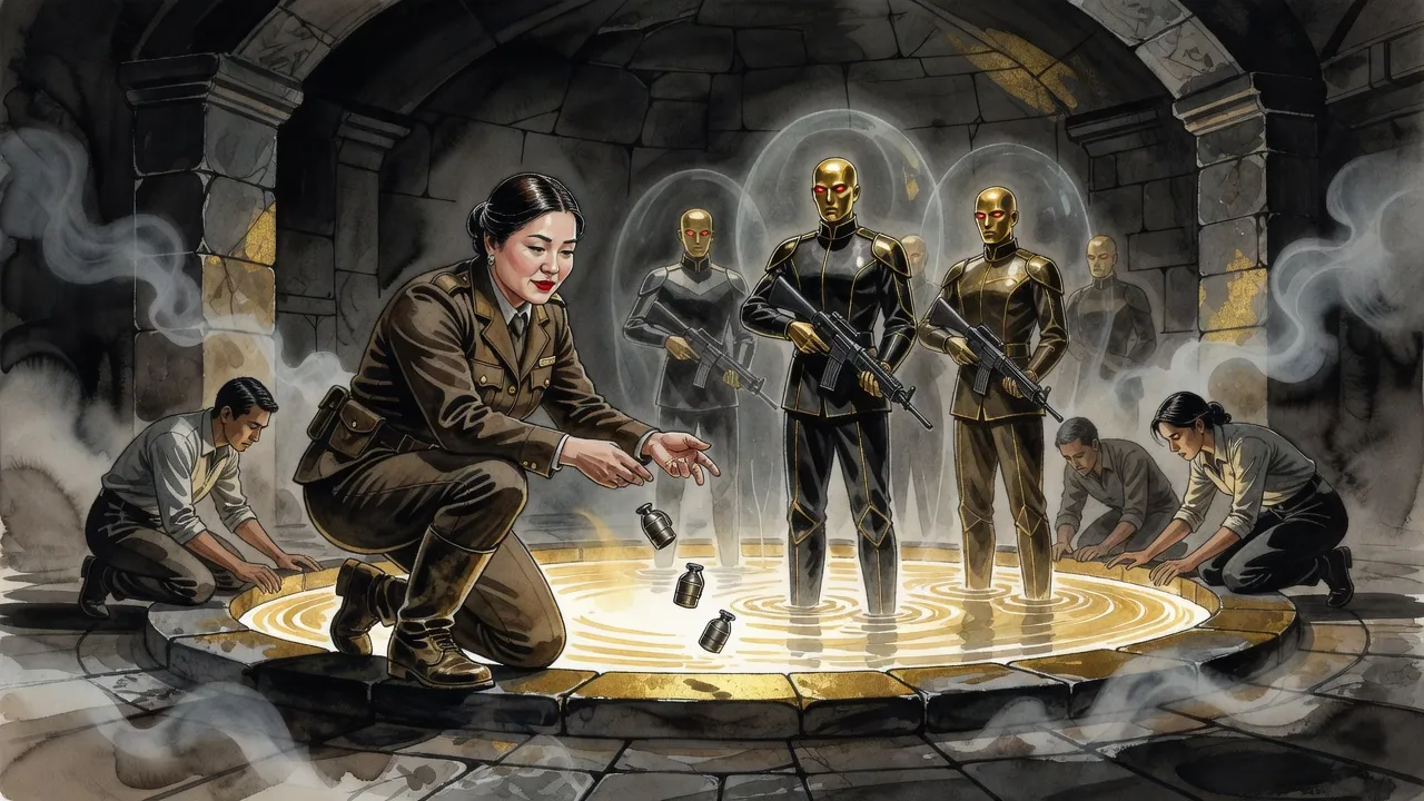 A woman kneels at the rim of a glowing pool, dropping grenades as golden-skinned soldiers with red eyes rise frozen through its surface.