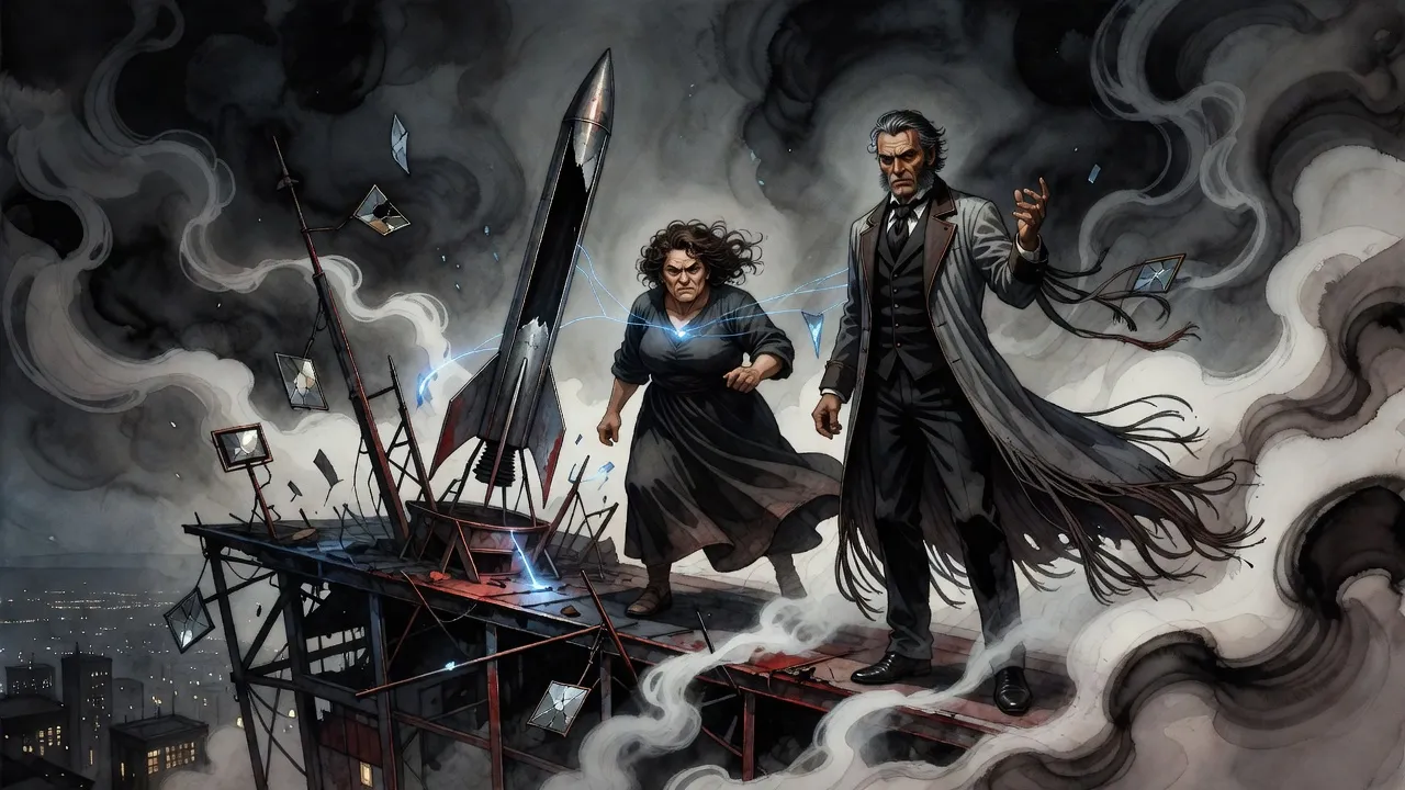 On a misty half-built rooftop at night, a rocket topples and splits open empty while a furious woman faces a man with a raised hand.