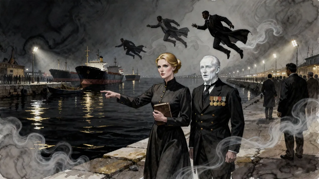 On a floodlit harbour quay, a blonde woman points out across the dark bay as a powdered official watches and figures launch into the air toward the ships.
