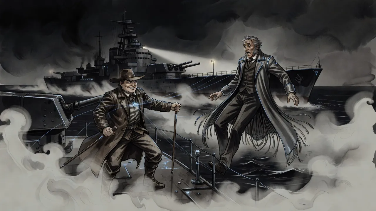 At night on a warship’s deck, one man thrusts out his arm and another is flung backward off the ship over dark waves.