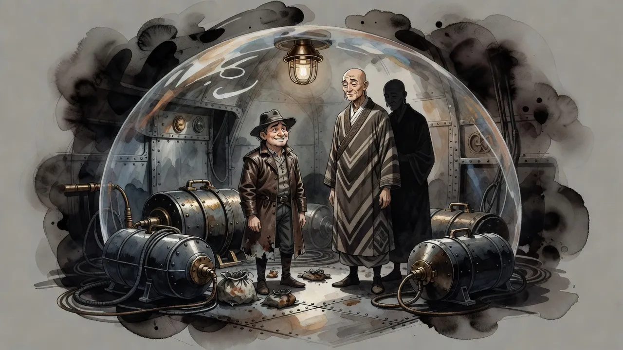 In a ship’s steel hold, a grinning man in a borrowed hat stands inside a shimmering dome around three wired barrels while a tall robed figure watches sadly.