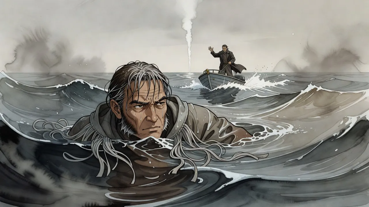 A man treads water in a grey sea, looking back at a column of smoke on the horizon, as a small motorboat comes toward him.