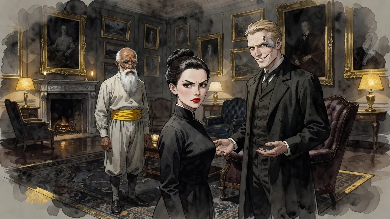 In a richly furnished room, a dark-haired woman stands refusing a hawk-faced man lounging in an armchair while an old bearded man watches by the fireplace.