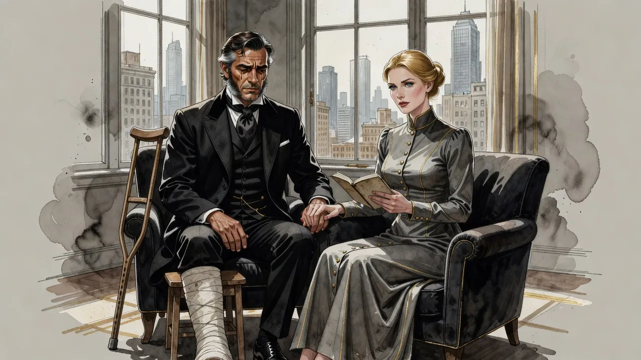 A grieving man sits in an armchair with his leg in a cast while a blonde woman beside him reads aloud from a small notebook.
