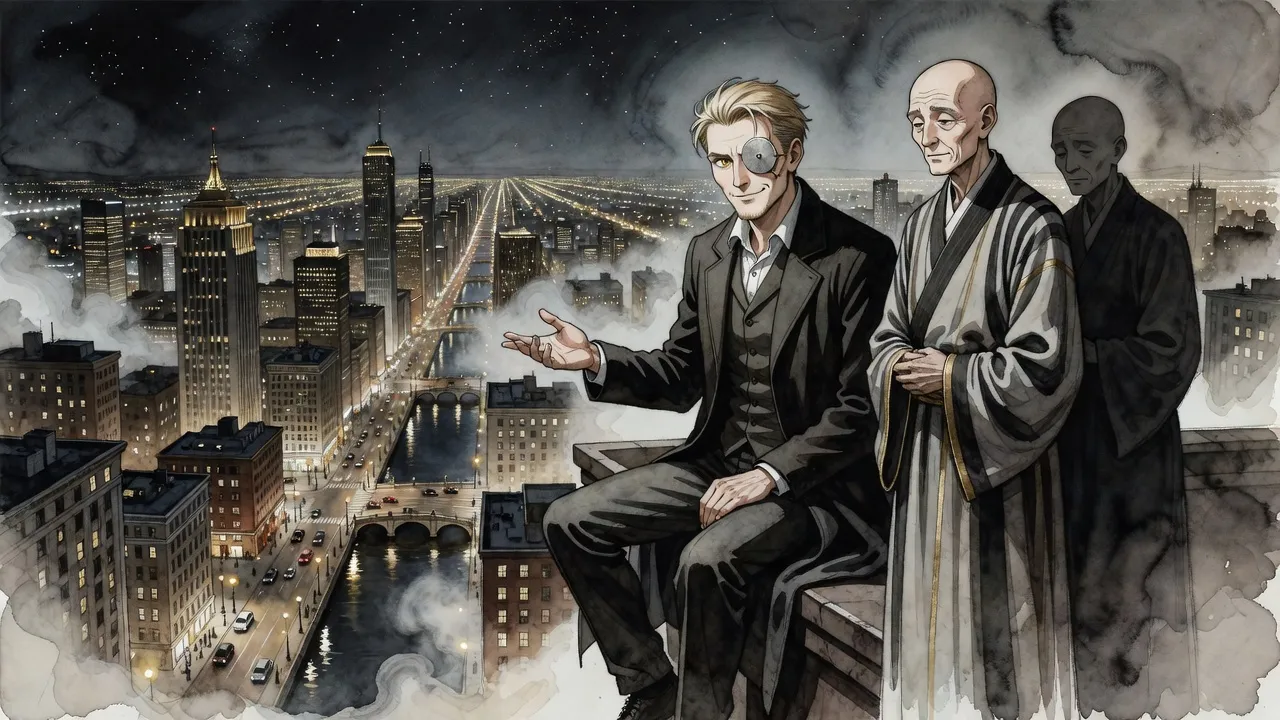 On a skyscraper ledge at night, a hawk-faced man sits gesturing over a lit city while a tall robed figure with a shadowy double stands beside him.