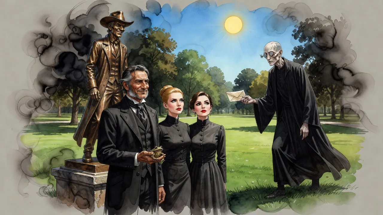 Before a bronze statue of a grinning man in a duster and wide-brimmed hat, a man holding a dried frog stands with two women as a gaunt man in black approaches with a letter.