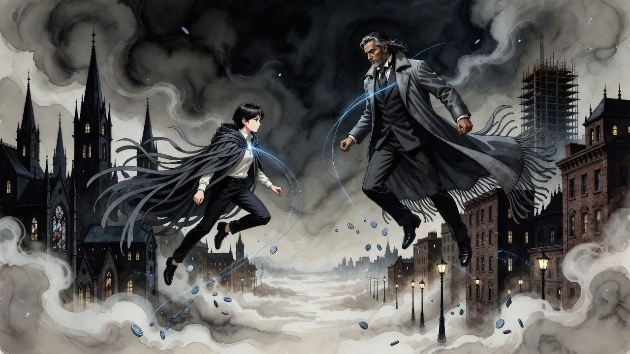 Above a sea of night mist, a young woman in a cloak of cloth strips leaps from the spires of a black stone city toward a grey-streaked man in a tasselled duster rising from a city of brick towers and electric lamps, blue lines running from both of them to metal below.