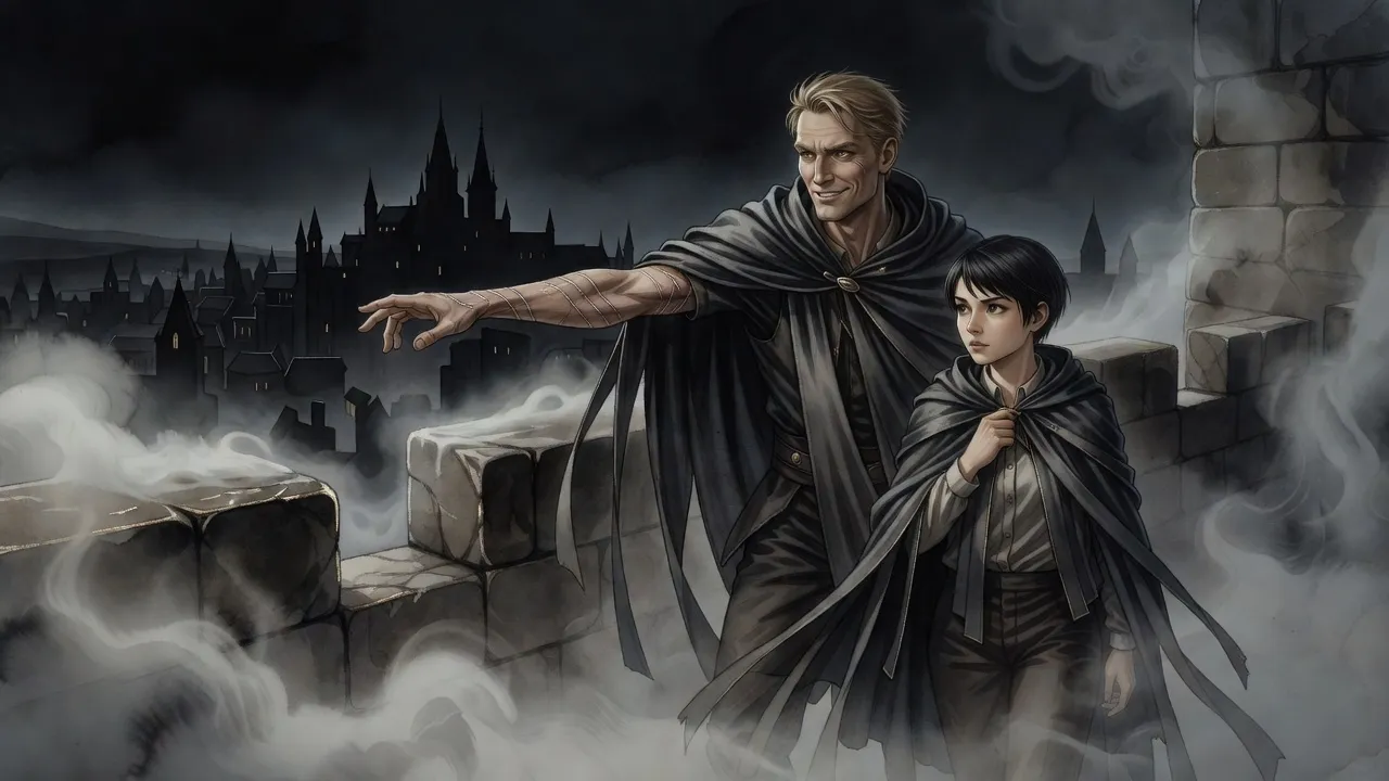 On top of a great city wall in the night mist, a grinning blond man in a cloak of cloth strips points out into the dark beside a wary young woman in a similar cloak.