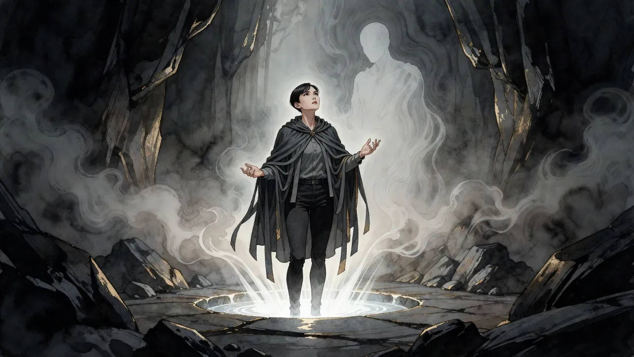 In a smoky cavern a young woman stands in a small glowing pool of white light, her head tipped back, while a faint figure made of mist watches from the dark.