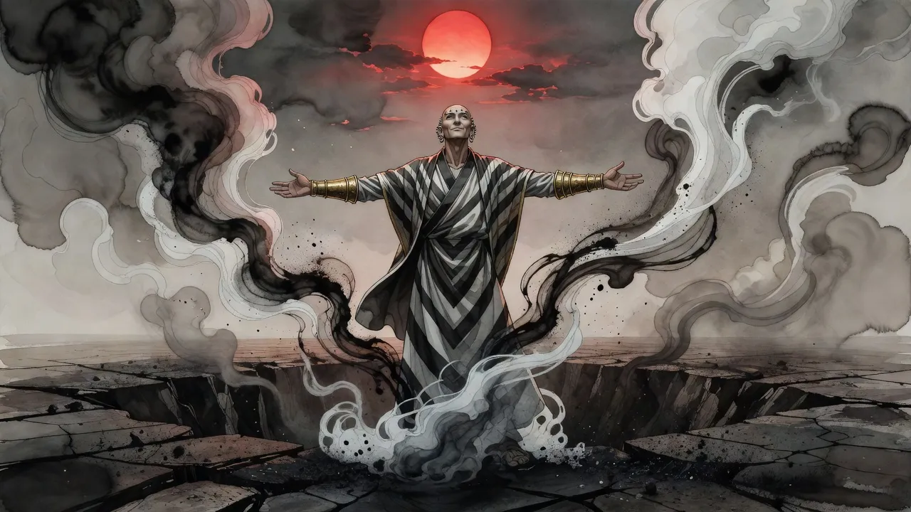 On a cracked plain of black ash under a glaring red sun, a tall bald man in striped robes, his arms banded with metal, lifts his face as white mist and black smoke spiral up around him.