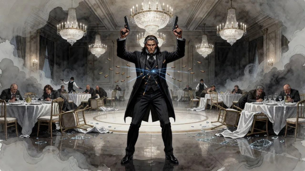 In a ballroom under crystal chandeliers, a grey-streaked man in evening dress stands alone in a cleared ring of overturned chairs and broken glass, pistols raised over his head, a spray of bullets hanging in the air around him.