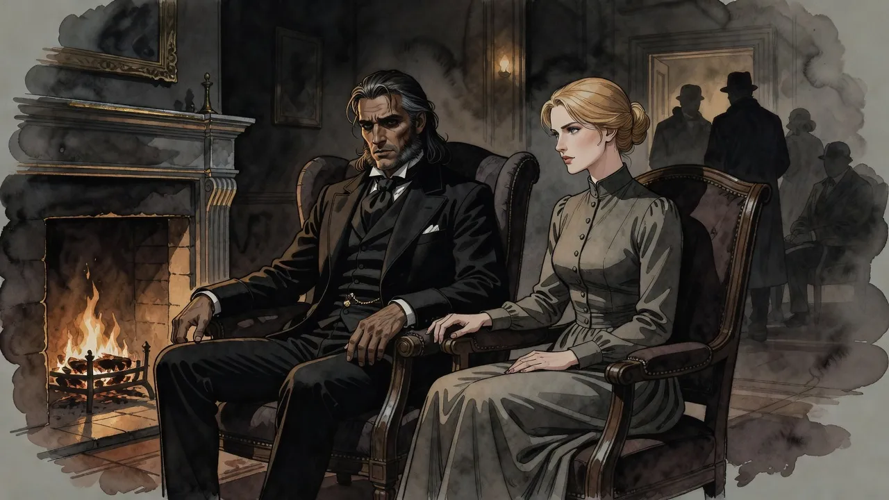 Beside a dying fire, a grey-streaked man in a dark suit sits slumped and hollow-eyed while a composed blonde woman in the next chair rests her hand on his.