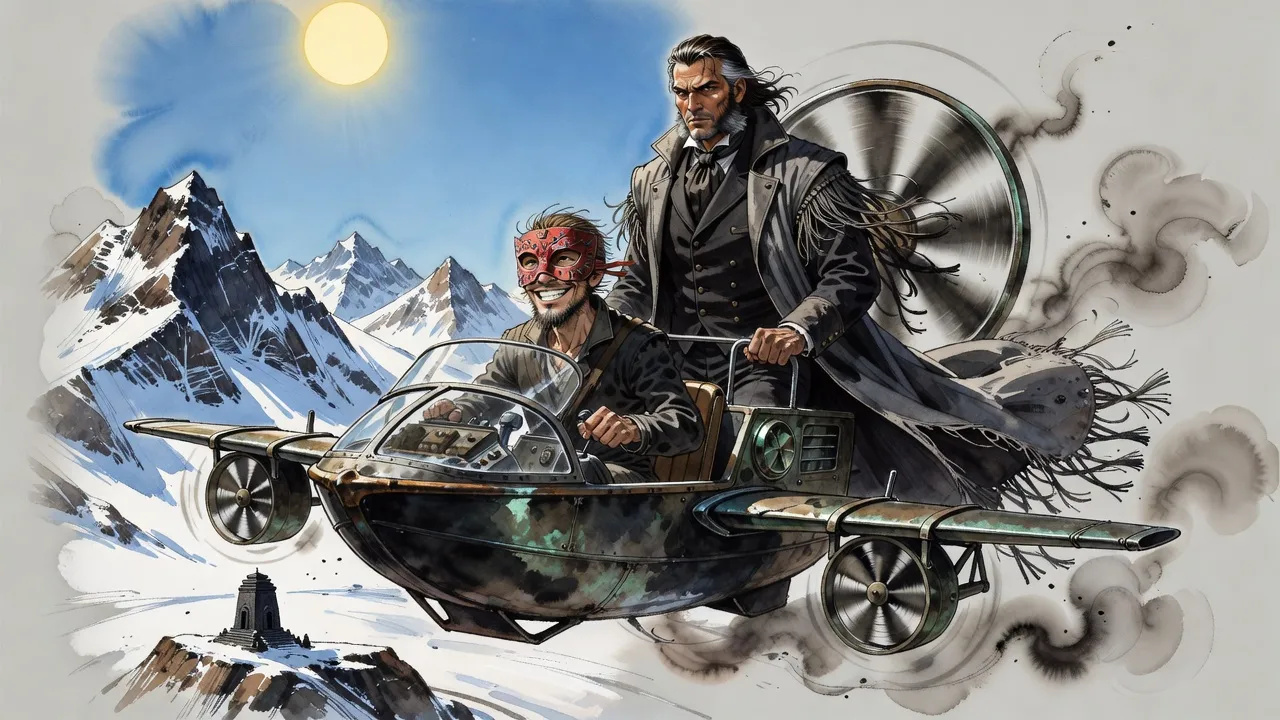 A small open flying craft with pontoon wings and spinning fans crosses snowy peaks under a blue sky, a masked young pilot at the levers and a grey-streaked man in a tasselled coat behind him.