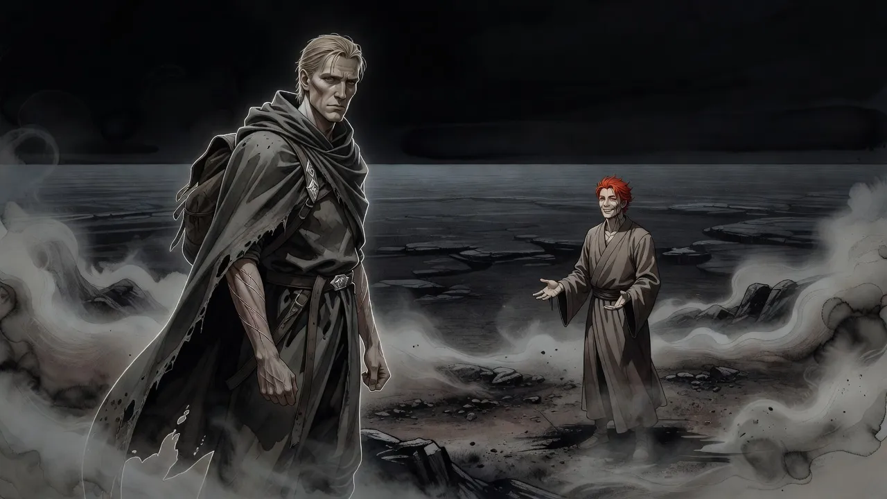 At the edge of a misty grey land, where a vast dark plain stretches out in place of the sea, a scarred blond man in a frayed cloak faces a smiling red-haired man in plain robes.