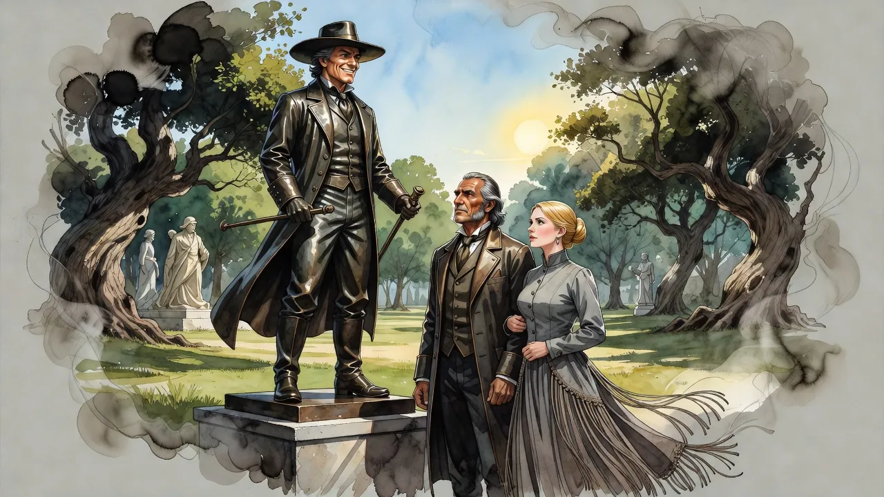In a green park on a bright morning, a grey-streaked man and a blonde woman stand side by side looking up at a new bronze statue of a grinning man in a duster and a wide-brimmed hat.