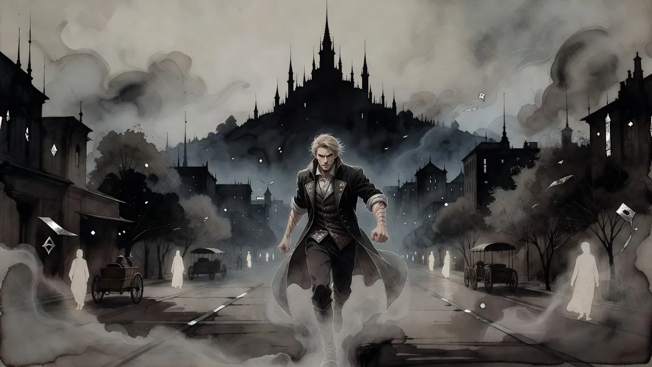 A man drawn in pale, faintly glowing lines runs down a city avenue made of grey mist toward a palace of needle-thin spires.