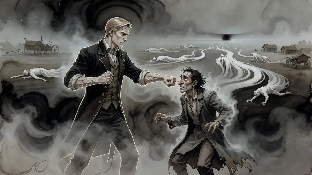 A blond man draws back his fist to punch a short man in a long coat, while pale figures behind them stretch away into white mist.