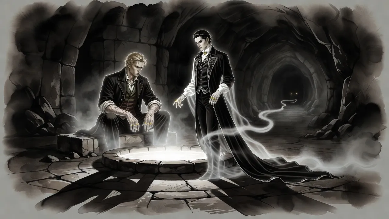 A man sits on the stone rim of a glowing pool in a dark cavern while a tall figure beside the pool stretches away into white mist.
