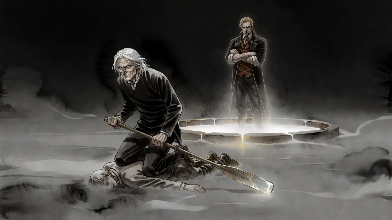 A white-haired man kneels on a floating body like a raft, pushing across a sea of mist with a short glowing oar toward a man on the rim of a glowing pool.