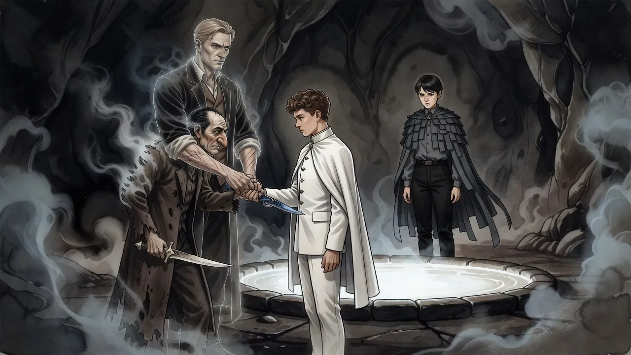 A man in a frayed outline grips a smaller man’s wrist, steering a knife toward a young man in white who stands by a glowing pool with a young woman.