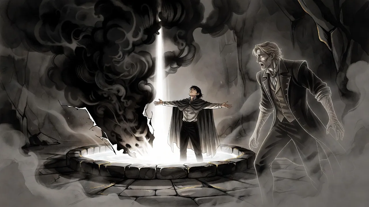 A young woman stands radiant in a blazing pool as black smoke pours out of a tear in the air and a man staggers back.