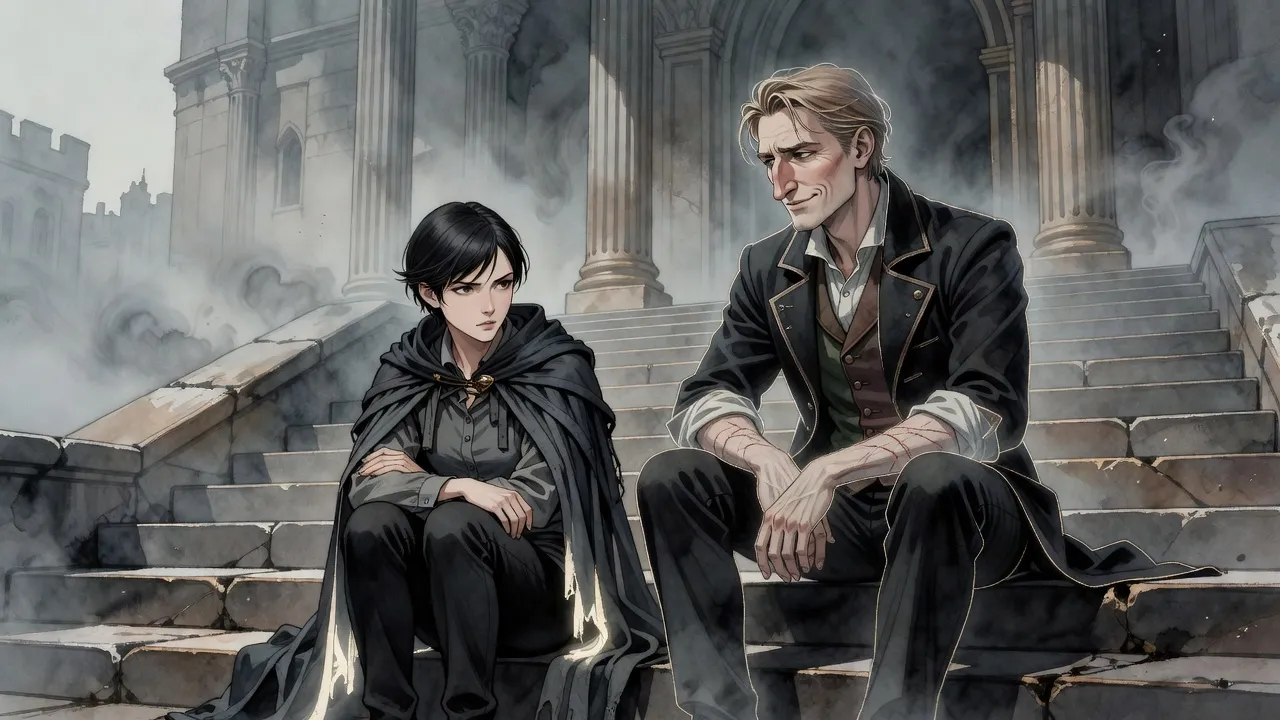 A young woman sits slumped on the steps of a keep drawn in grey mist, and beside her sits a faintly glowing man she cannot see.