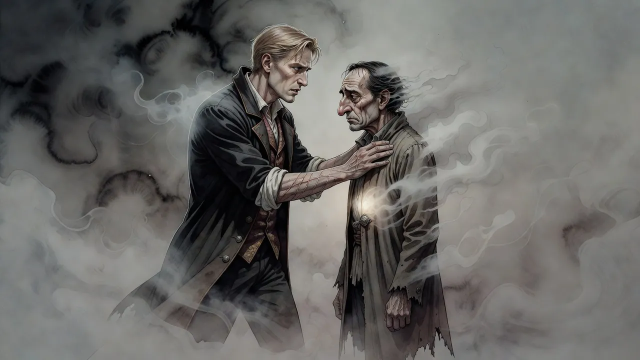 A tall man grips a smaller, half-dissolving man by the shoulders and begins to embrace him.