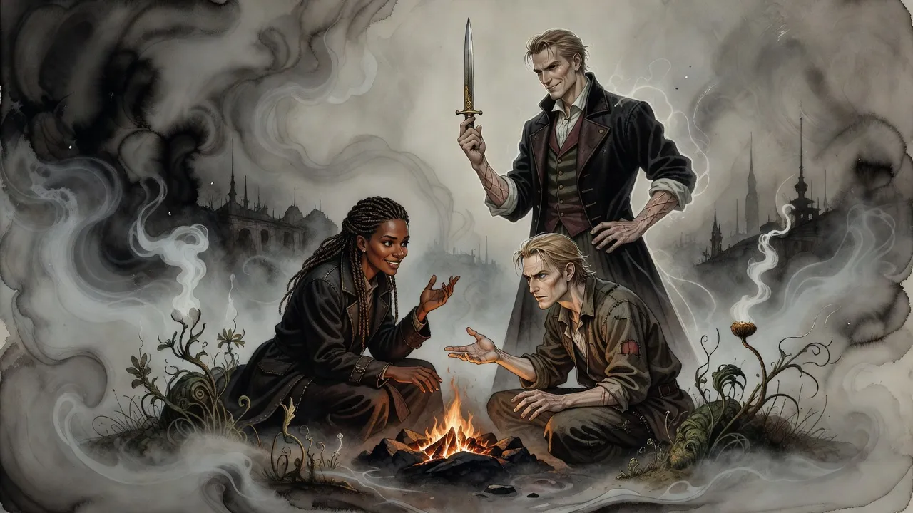A woman with braided hair and a scowling lanky man sit at a campfire on a stony island in a sea of mist while a grinning man balances a long knife on one finger.