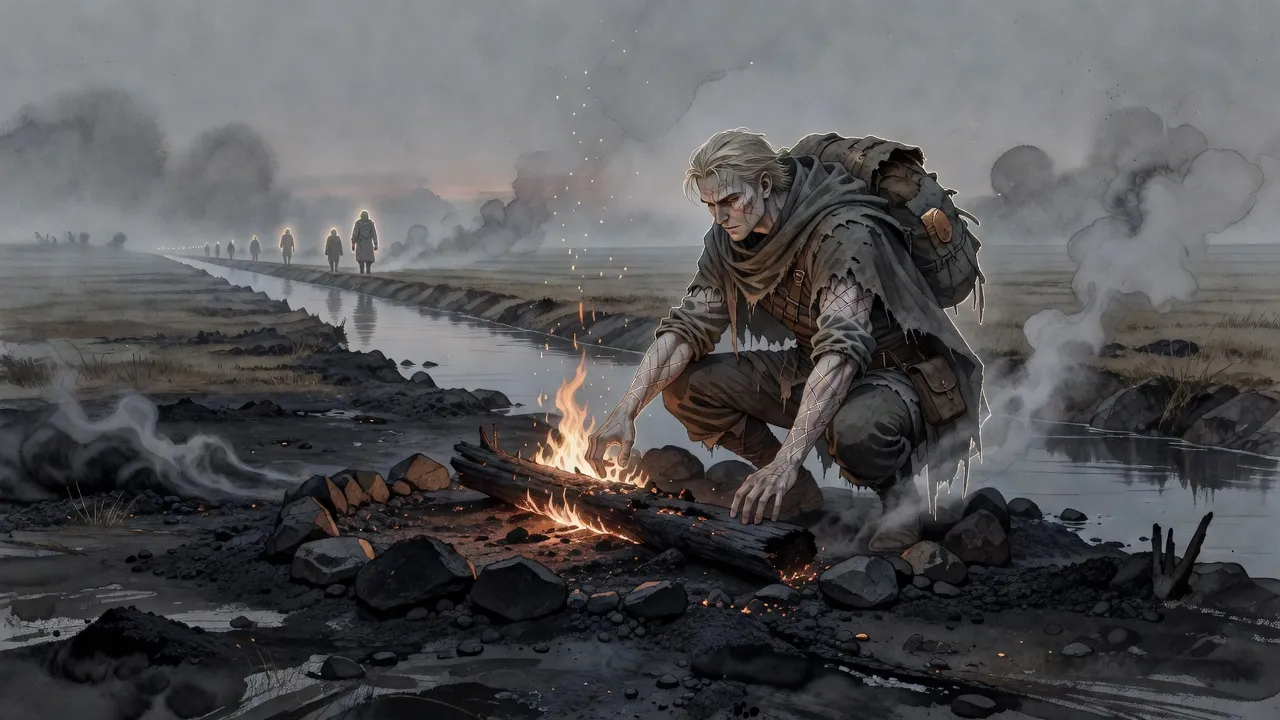 A cloaked man crouches by a ring of stones as a long-dead log bursts into flame, with dim figures trudging along a canal behind him.