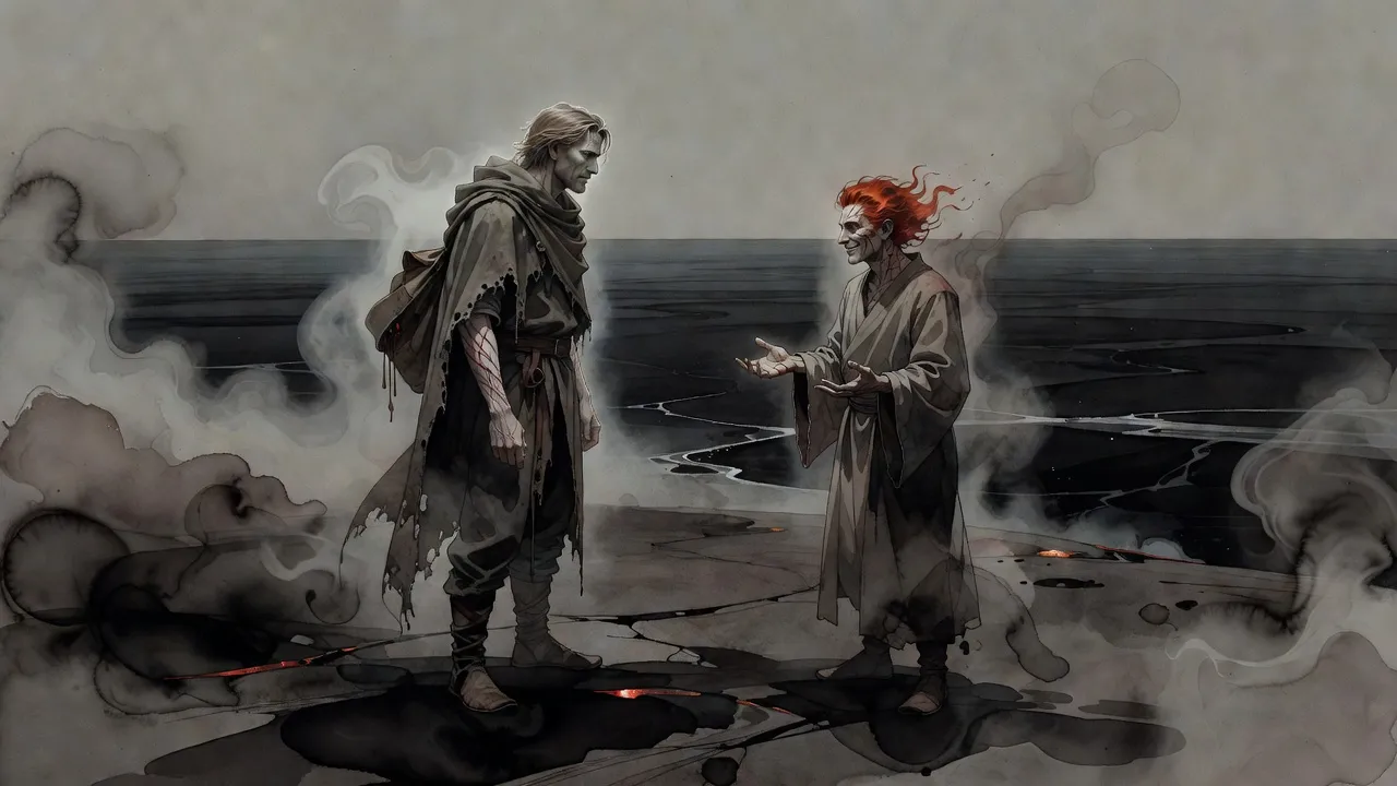 A weary cloaked man faces a smiling red-haired man in robes at the edge of a vast, dark, flat plain where the ocean should be.
