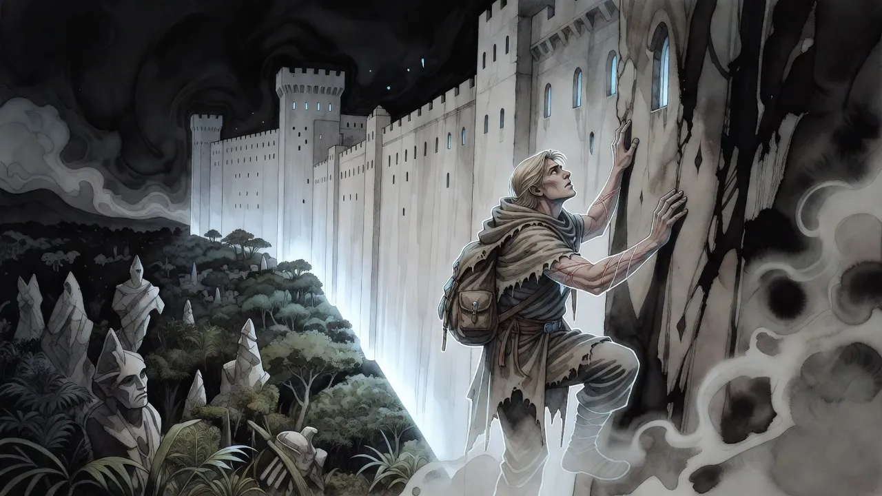 A small cloaked figure climbs the sheer wall of an enormous fortress of pale, faintly glowing stone above a jungle of stone-like trees.