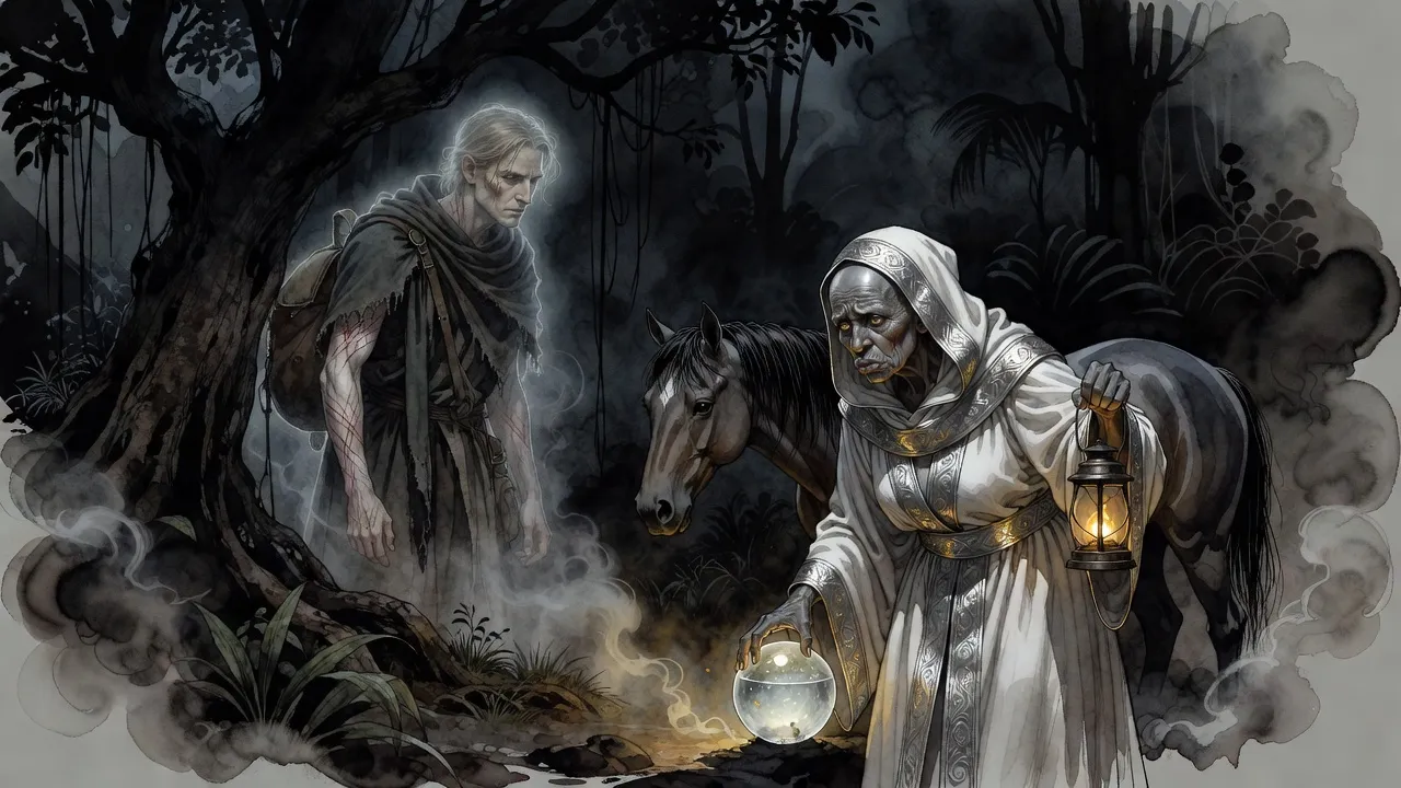 An ancient bald woman holding a lantern beside her horse sets a glowing glass sphere on the ground while a faint figure watches from the dark trees.