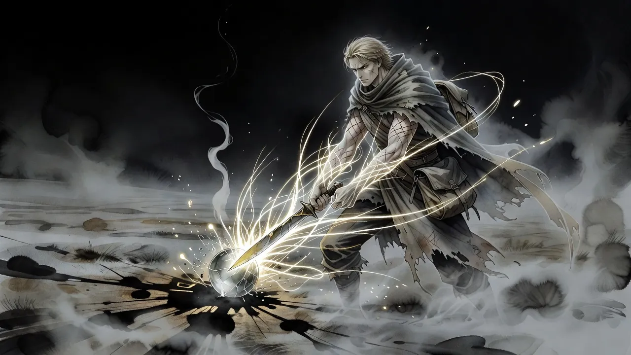A man brings a long knife down on a shattering glass sphere as threads of light burst from his body, while a thin wisp of white smoke fades into the dark above him.