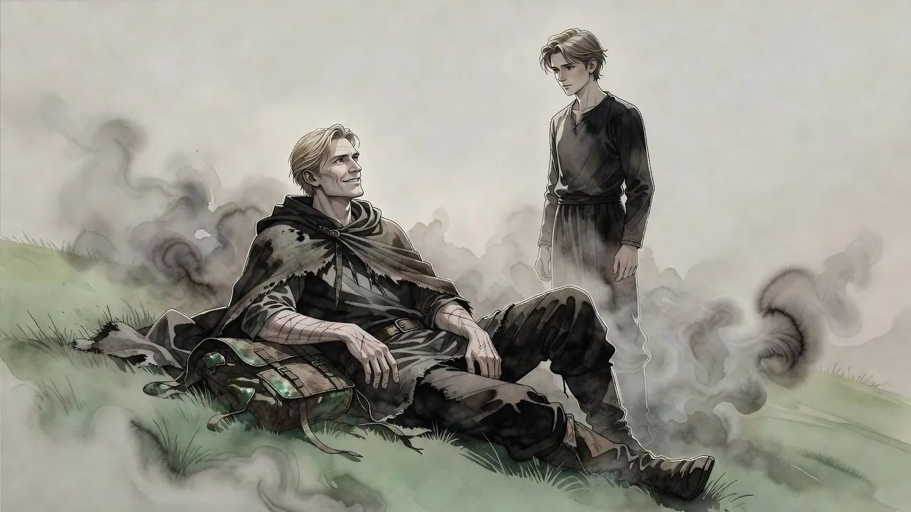 A man lounges on green grass, smiling up at a tall young man who has wandered over to him.