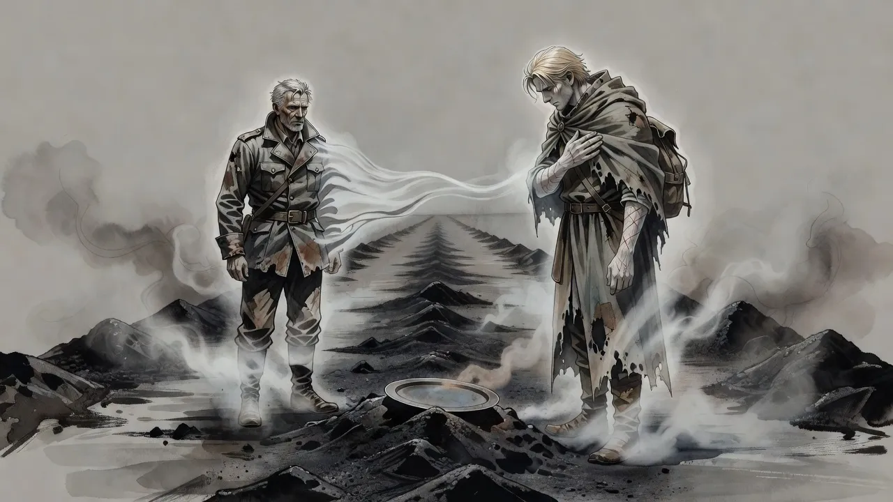 A faint glowing man bows his head to a soldier whose pale figure is stretching away into white mist on a road deep in ash.