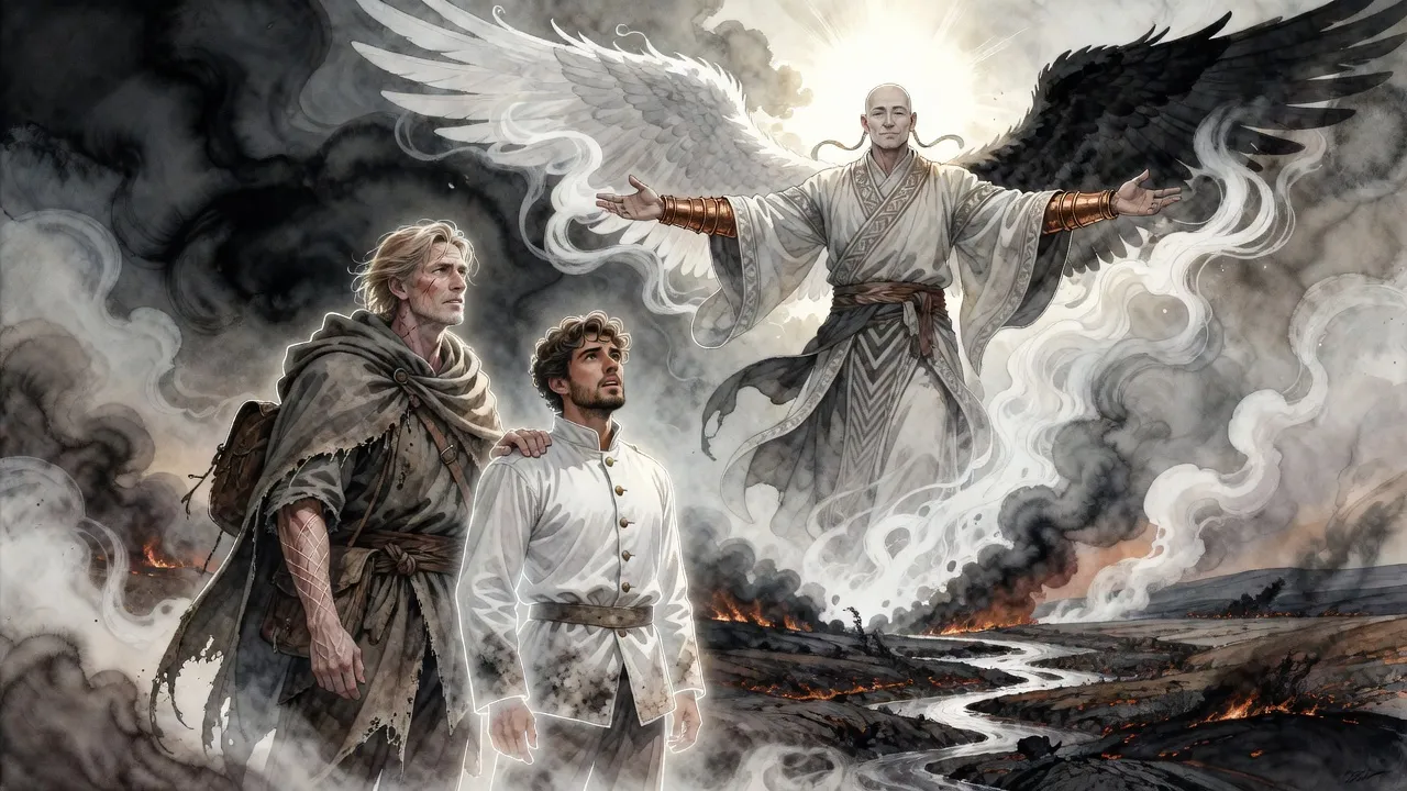 Two men stand on a ridge looking up as a vast figure rises into the sky, drawing in a stream of white mist and a stream of black smoke.