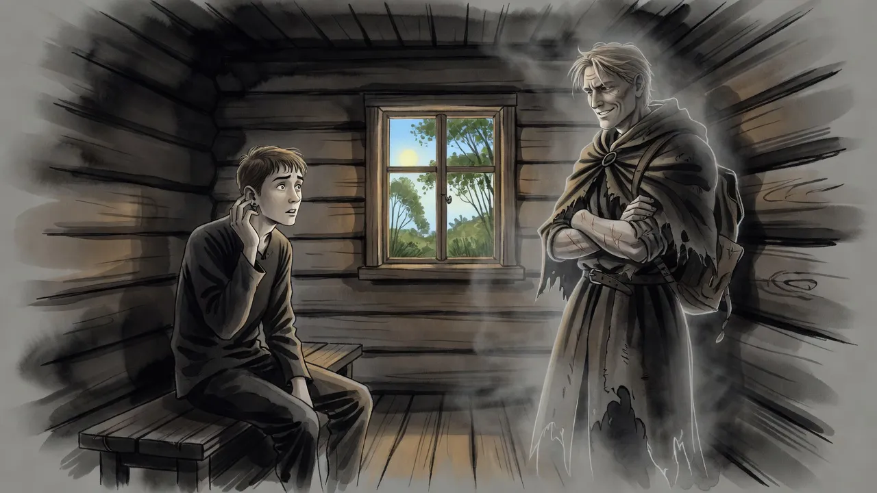 A tall young man with a hand at his ear stares in astonishment at a faintly glowing man leaning against the log wall of a sunlit room.