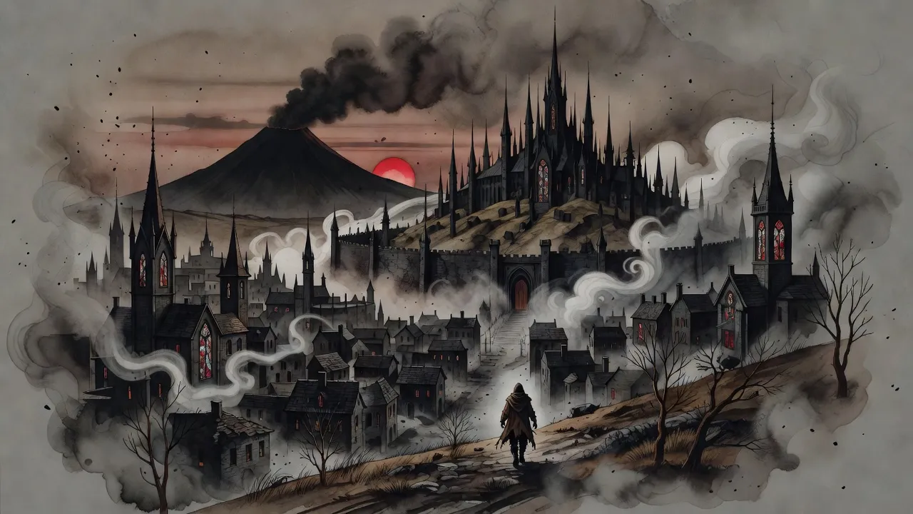 Black ash drifts at dusk over a city of dark stone keeps gathered around a palace of needle-thin spires, a red sun low in a smoky sky, a smoking volcano on the horizon and white mist spilling over the city wall.