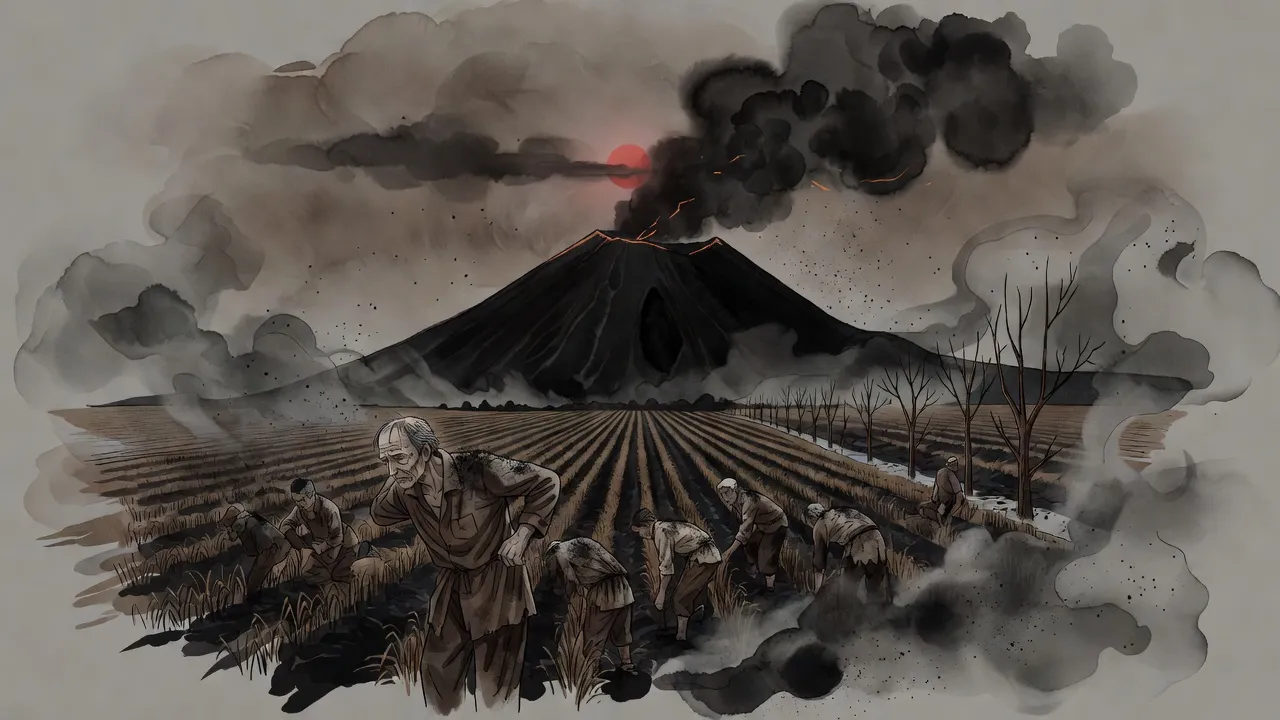 Ragged workers in brown bend over withered brown crops under falling black ash while a smoking black volcano rises on the horizon beneath a dull red sun.