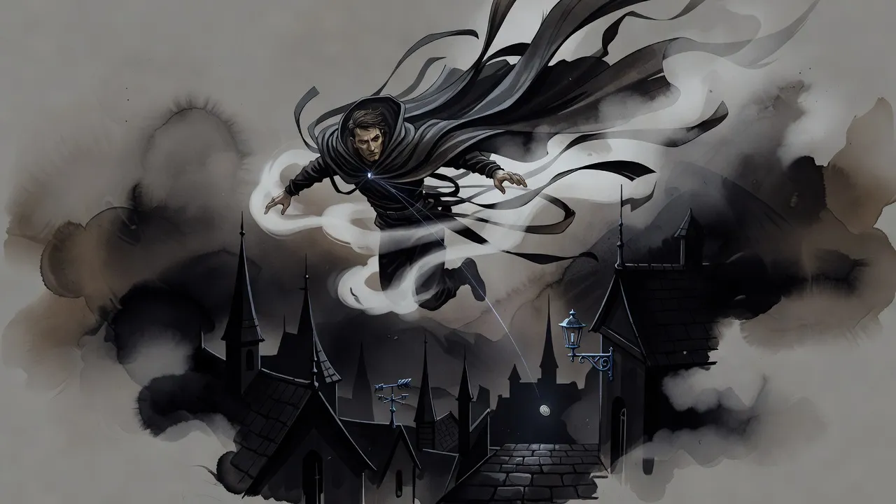 At night a cloaked man in a cloak of long cloth strips leaps high over dark rooftops through thick white mist, glowing blue lines running from his chest to a falling coin and to iron fittings on the roofs.