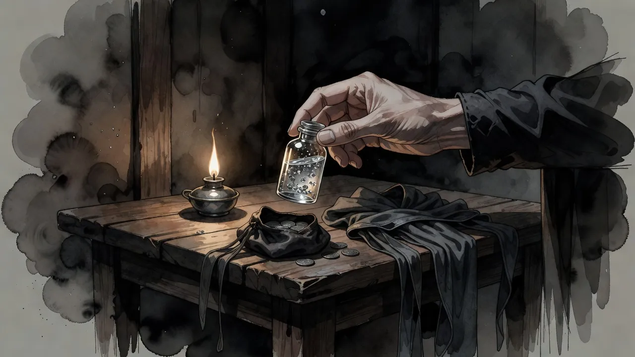 In lamplight a hand holds up a small stoppered glass vial whose liquid is thick with glinting flakes of metal, a leather pouch and a folded cloak of cloth strips on the table below.